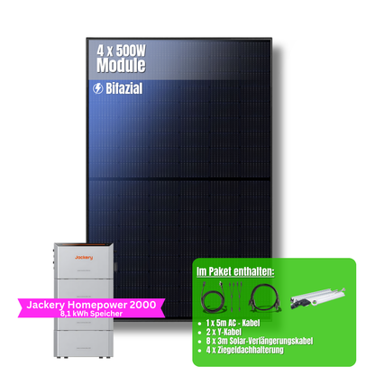 2000W Balkonkraftwerk Jackery mit 8kWh Speicher (4 x 500w Module + 2kWh Jackery Homepower 2000 Speicher + 3 x 2kWh Zusatzspeicher)
