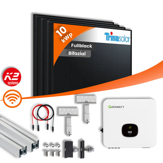 PV Komplettpaket Growatt 10KW Trina Vertex S+ 445W Bifazial Fullblack mit K2- Schrägdachmontage